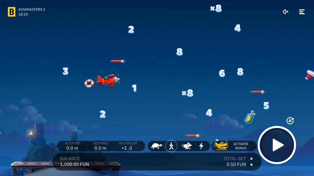 Aviamasters 2 gameplay: red biplane flight with multipliers, rockets and boosters